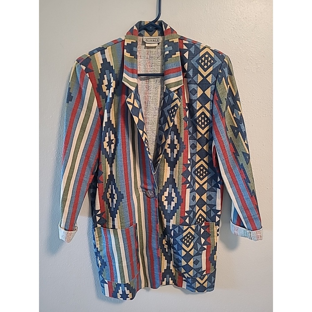 Vintage 1990s Mirrors Geometric Aztec Southwestern Knit‎ Blazer Jacket Size S